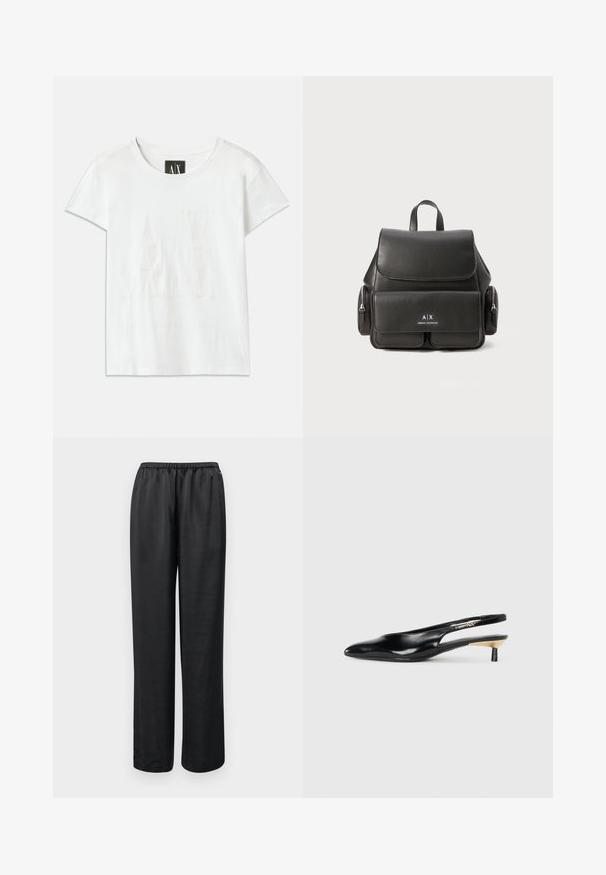 Valge puuvillane T-särk lühikeste varrukatega, mille esiküljel on tõstetud logo "AX" ja allpool diskreetne tekst "ARMANI EXCHANGE".; Mustad, vabalt istuvad püksid elastse vöökohtaga. Valmistatud siledast kangast, sirge säärega ning ilma nähtavate taskute või kaunistusteta.; Mustad seljatoega mustad kontsakingad, millel on terav nina, läikiv nahkviimistlus ja väike kand kuldse detailiga. Sujuv disain avatud seljaprofiiliga.; Must must nahk Seljakott klapi sulgemisega, esikoti, külgsete tõmblukkudega sektsioonide ja ülemise käepidemega. Esiküljel on logo detailid.