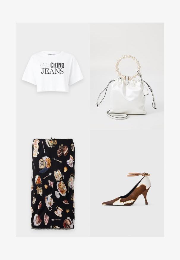 Tricou scurt alb cu mâneci scurte, având inscripționat un text mare negru "KO CH1NO JEANS" în stiluri și dimensiuni variate ale fontului. Material din bumbac neted.; Fustă neagră cu un model de cești de ceai, prăjituri și patiserie, cu ilustrații detaliate și un tiv decorativ din dantelă.; Pantofii cu toc înalt, cu imprimeu de vacă maro și alb, au vârful ascuțit, o suprafață texturată și o curea pentru gleznă cu o cataramă de culoare maro deschis.; Sac din satin alb cu usturoi, având un mâner circular împodobit cu perle, accente din piele și o curea detașabilă pentru versatilitate.