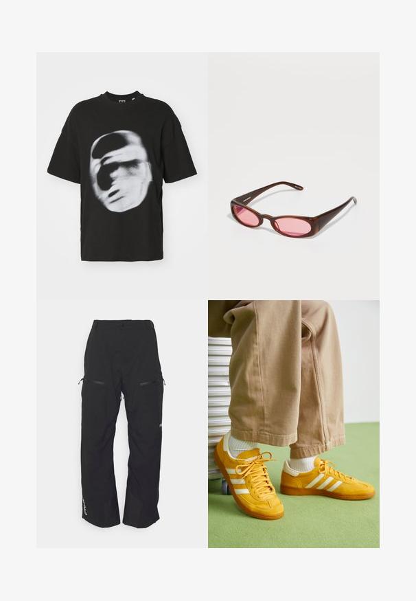 Black cotton t-shirt featuring a blurred white graphic of a face. Short sleeves and a round neck design.; Oakley TNP LINED SHELL PANT 2.0 - Snowboard pants - blackout; Yellow suede sneakers with white stripes, featuring a rubber sole, fabric laces, and a padded collar, paired with beige cotton pants.; Brown tinted sunglasses with a sleek, elongated oval shape. Frames are made of glossy plastic; lenses are pink with a subtle curve.
