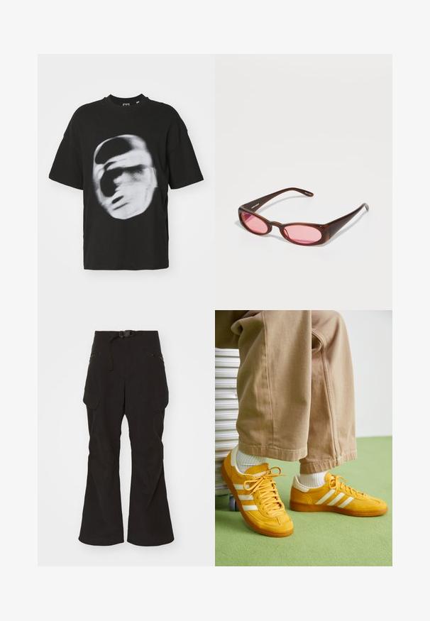 Schwarzes Baumwoll-T-Shirt mit einer verwischten weißen Grafik eines Gesichts. Kurze Ärmel und Rundhalsausschnitt.; Schwarze Cargo-Hose mit enger Passform am Bund, verstellbarem Gürtel und mehreren Reißverschluss- und Klappentaschen. Verfügt über verstärkte Knie-Patches.; Gelbe Wildledersneaker mit weißen Streifen, ausgestattet mit einer Gummisohle, Stoffbändern und einem gepolsterten Kragen, kombiniert mit beigen Baumwollhosen.; Braun getönte Sonnenbrille mit einer schlanken, länglich-ovalen Form. Die Fassung besteht aus glänzendem Kunststoff; die Gläser sind rosa mit einer dezenten Wölbung.
