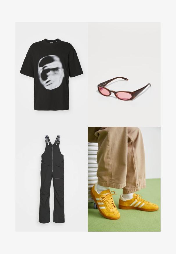 Zwarte katoenen T-shirt met een vervaagde witte grafiek van een gezicht. Korte mouwen en een ronde halslijn.; Zwarte waterproof bretels met verstelbare banden, een rits aan de voorkant en meerdere zakken, met versterkte beenpanelen voor duurzaamheid.; Gele suède sneakers met witte strepen, voorzien van een rubberen zool, stoffen veters en een gevoerde kraag, gecombineerd met beige katoenen broek.; Bruin getinte zonnebril met een stijlvolle, langwerpige ovale vorm. Het montuur is gemaakt van glanzend plastic; de lenzen zijn roze met een subtiele kromming.