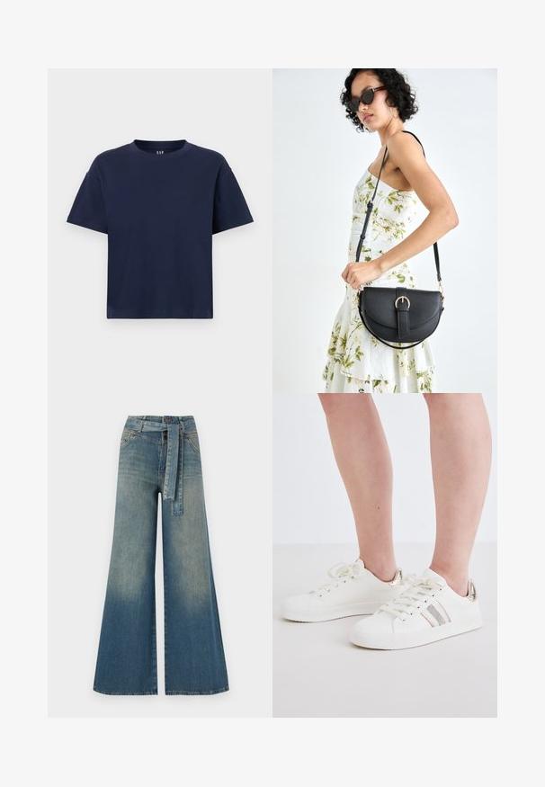 Marineblaues Baumwoll-T-Shirt mit Rundhalsausschnitt und kurzen Ärmeln, das eine lockere Passform und ein minimalistisches Design aufweist. Keine Muster oder Akzente.; Weit geschnittene Denim-Hosen mit einem Farbverlauf von hellblau zu dunkelblau, hoher Taille, Gürtelschlaufen und einem passenden Stoffgürtel. Strukturierte Denim-Oberfläche.; Weiße Sneakers mit dekorativen metallischen Akzenten, ausgestattet mit einer glatten Oberfläche, runder Zehenpartie, Schnürung an der Vorderseite und dezenten glitzernden Streifen.; Schwarze Lederhandtasche mit geschwungener Form, abnehmbarem Tragegurt und goldenen Beschlägen. Die Tasche verfügt über einen Deckel mit einer Schnallen-Details.
