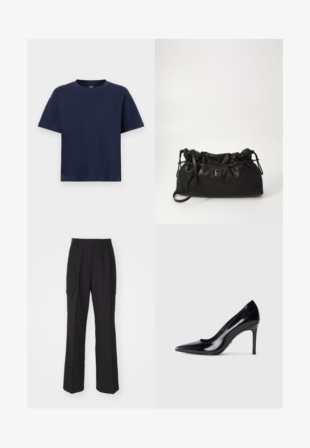 T-shirt en coton bleu marine avec un col rond et des manches courtes, offrant une coupe décontractée et un design minimaliste. Aucune motif ni accent.; Pantalons cargo noirs avec une coupe droite, fabriqués dans un matériau lisse. Comprend deux poches latérales et une taille épurée.; Escarpin noir en cuir verni à bout pointu avec un talon aigu slim sur fond blanc uni.; Sac en cuir noir avec cordon de serrage, texture douce, forme arrondie et bandoulière ajustable. Présente un petit logo métallique à l'avant.
