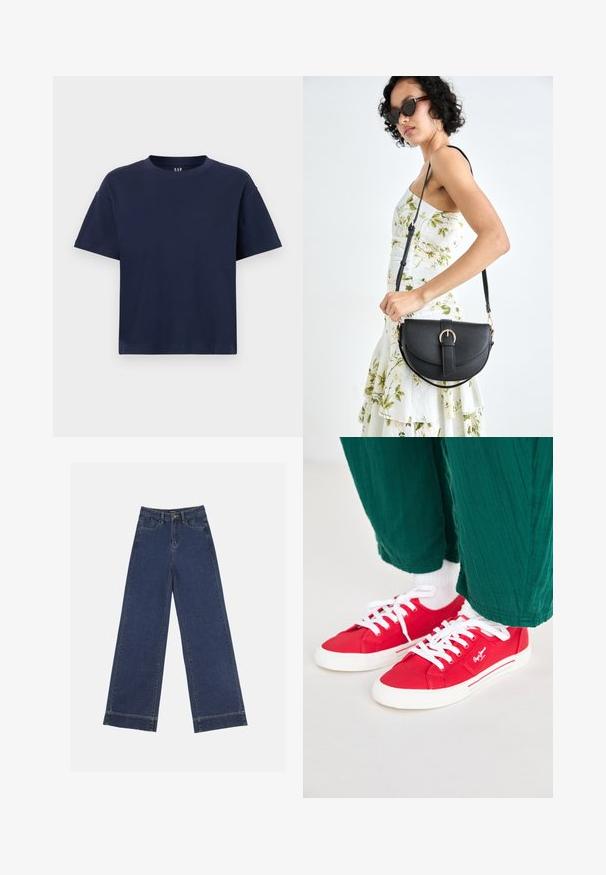 Marineblå bomull T-skjorte med rund hals og korte ermer, med en avslappet passform og minimalistisk design. Ingen mønstre eller detaljer.; Videbenede dressbukser i mørkeblå denim. Har fem lommer, beltestropper og en rå kant i bunden med synlige stikninger.; Røde kanvas sneakers med hvite snørebånd, med en hvit gummisåle og stripete detaljer på siden. Brukt med grønne teksturerte bukser og hvite sokker.; Svart lærveske med en buet form, avtagbar stropp og gullbeslag. Vesken har et klaff med spenne-detall.