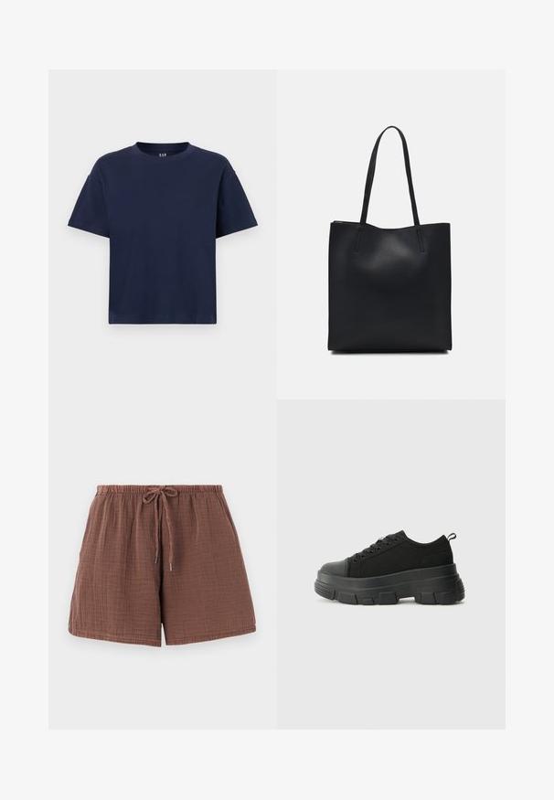 Navy blue cotton t-shirt with a round neckline and short sleeves, featuring a relaxed fit and minimal design. No patterns or accents.; Brown cotton shorts with a textured, crinkled finish, an elastic waistband, and a drawstring. Mid-thigh length with a relaxed fit.; Black sneakers with a chunky rubber sole, textured fabric upper, round toe, and lace-up design. Features reinforced eyelets and back pull tab.; Black leather tote bag with smooth texture, rectangular shape, and two long handles. No visible hardware or embellishments.