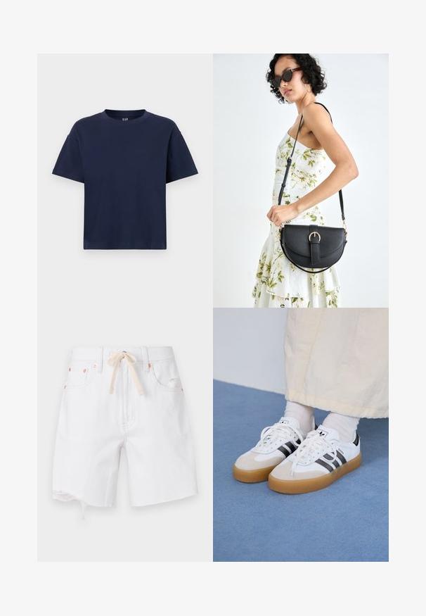 Tamsiai mėlyna medvilninė marškinėliai su apvaliu iškirpimu ir trumpomis rankovėmis, su laisvu siluetu ir minimalizmo dizainu. Be raštų ar akcentų.; Balti džinsiniai šortai su nepabaigtu kraštu, pagaminti iš medvilnės mišinio, su smėlio spalvos raišteliu. Yra vario atspalvio metalinės detalės ir šoninės kišenės.; Baltos sportbačiai su noir juostomis ir šviesiai rudos zomšos akcentais. Yra tekstūruota gumos padas ir plokščiomis baltomis raištelėmis, dėvimi su šviesiai spalvotomis kojinėmis.; Juodas odinis krepšys su išlenkta forma, nuimamu dirželiu ir auksiniais detalėmis. Krepšys turi kilpą su sagtimi.