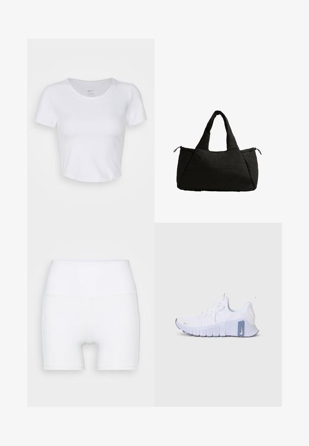 Witte, kortgemouwen crop top van glad, synthetisch materiaal. Heeft een ronde halslijn en het Nike-logo binnenin de kraag.; Witte hoge taille shorts van rekbare stof. Kenmerken een gladde textuur en een aansluitend ontwerp, zonder extra patronen of hardware.; Witte Nike sneakers met een structuur bovenwerk, paarse accenten op de zool en het logo, en een flexibele, geribbelde buitenzool voor grip.; Zwarte draagtas met een puffy textuur, voorzien van twee korte handvatten en een zijvak dat met een trekkoord is afgesloten. Eenvoudig, hoekig ontwerp.