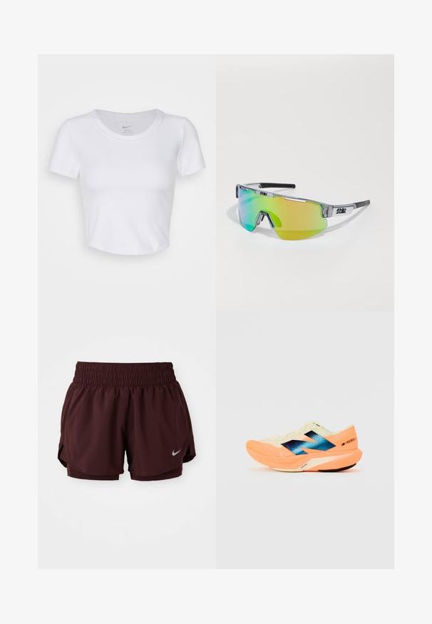 Hvit, kortermet crop top laget av glatt, syntetisk materiale. Har rund halslinning og Nike-logo inni kragen.; Bordeaux treningsshorts med elastisk linning, sidespalter og en reflekterende sølvlogo nederst til venstre. Lett stoff.; Løpesko med en lett kremfarget overdel, blå merkevare og oransje detaljer på sålen. Nettverksstruktur for pusteevne.; Sport solbriller med en klar plast ramme, store grøn-til-gul gradient linser og svarte detaljer på armene.