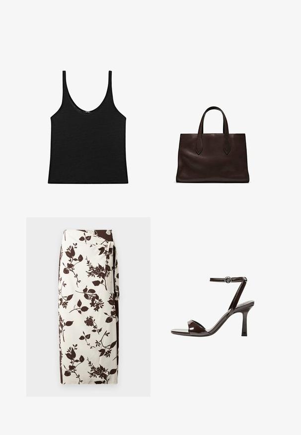 Černý top bez rukávů z měkkého materiálu s kulatým výstřihem a tenkými ramínky. Jednoduchý, zkrácený design s čistými okraji a bez vzorů.; Sukně s květinovým vzorem, s krémovým základem a tmavě hnědými botanickými motivy. Vyrobena z hladké tkaniny, má tkací uzávěr v pase.; Hnědé lakované kožené sandály na vysokém podpatku s páskem kolem kotníku, otevřenou špičkou a elegantním, minimalistickým designem. Obsahují čtvercový podpatek.; Hnědá kožená taška přes rameno s dvěma dlouhými uchy, strukturální obdélníkový tvar, hladká textura a jemné švy.