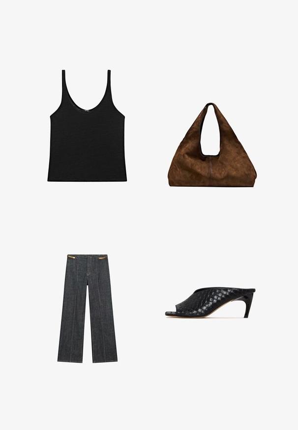 Schwarzes Tanktop aus weichem Material mit rundem Ausschnitt und dünnen Trägern. Schlichtes, kurz geschnittenes Design mit klaren Kanten und ohne Muster.; Helle Jeans mit weitem Bein und hoher Taille. Mit sichtbaren Nähten, einem Knopfverschluss und einem einzigartigen Kettenakzent an der Taille.; Schwarze, geflochtene Mules mit offenen Zehen und einem eleganten, geschwungenen Absatz. Das Material hat eine glatte Optik und weist ein strukturiertes, kariertes Muster auf.; Braune Wildleder-Schultertasche mit offenem Oberteil. Sie verfügt über einen tiefen, breiten Körper, einen ausgeschnittenen Griff und minimale Nähte für ein sauberes Design.