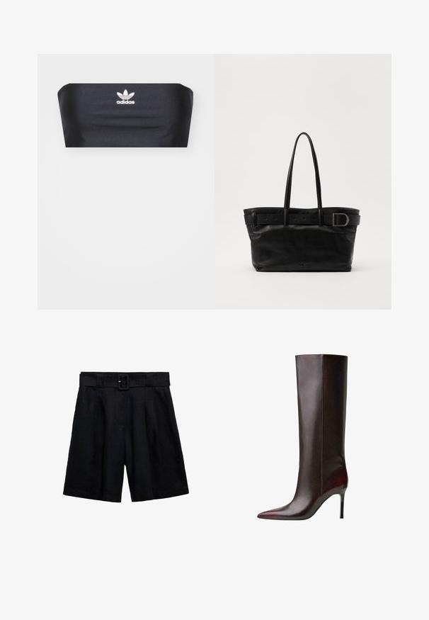 Crna bandeau majica napravljena od glatkog materijala, sa bijelim Adidas logotipom koji je centriran sprijeda, bez dodatnih uzoraka ili ukrase.; Crne lanene kratke hlače širokog kroja s pojasom, nabranim detaljima i dva bočna džepa. Glatka tekstura s jednoličnom bojom.; Smeđe kožne čizme do koljena s dizajnom šiljatog vrha, glatkom teksturom i štiklom. Šavovi uzduž bočne strane.; Crna kožna torba s dva dugačka remena, glatke teksture i širokim remenom s detaljem kopče na vrhu.
