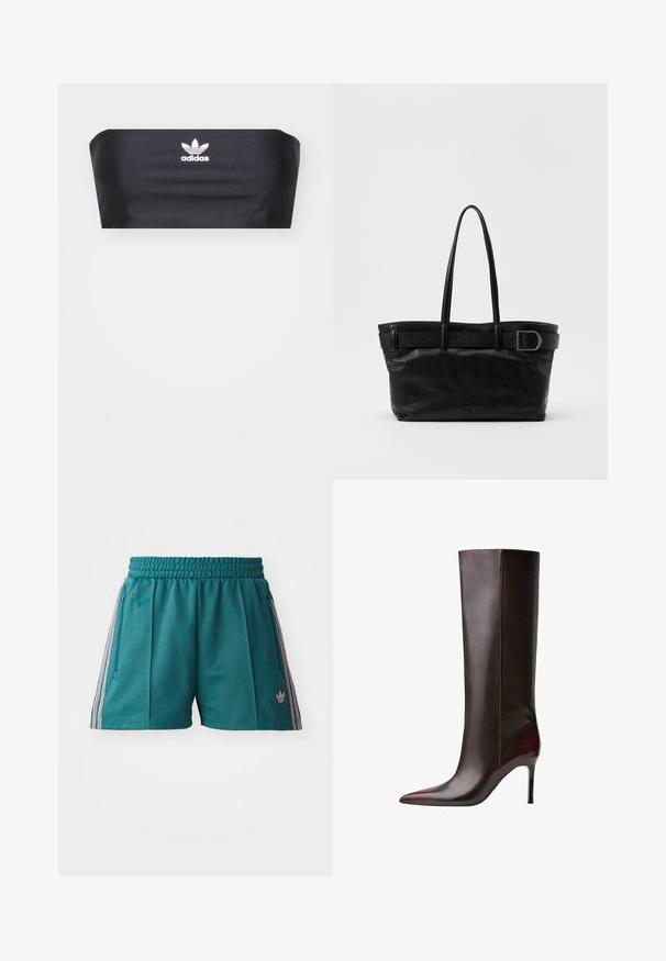 Čierny bandeau top vyrobený z hladkej textílie, s bielym logom Adidas umiestneným v strede na prednej strane, bez ďalších vzorov alebo ozdôb.; Tyrkysové športové šortky s elastickým pásom, majú ružové a biele pruhované bočné akcenty a zipsové bočné vrecká. Logo na leme.; Hnedé kožené čižmy po kolená s špicatou špičkou, elegantnou textúrou a ihlovým podpätkom. Švy pozdĺž bočnej strany.; Čierna kožená taška na rameno s dvomi dlhými rúčkami, hladkým povrchom a širokým popruhom so sponou na vrchu.