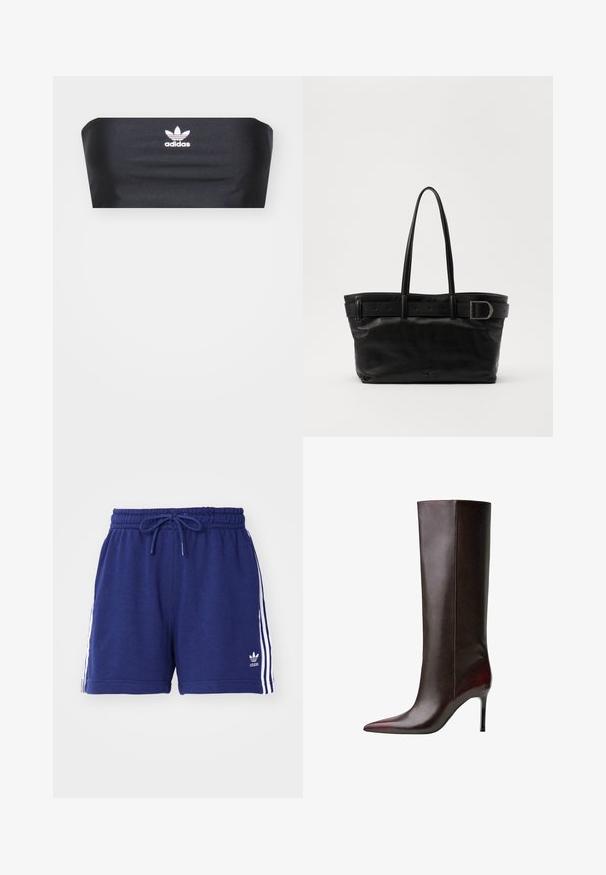 Fekete bandeau felső sima anyagból, középen fehér Adidas logóval, további minták vagy díszítések nélkül.; Tengerész kék sportnadrág zsinóros derékkal, fehér oldalsávokkal és hímezett logóval az alsó bal oldalon. Puha szövet textúra.; Barna bőr térdfeletti csizma hegyes orral, sima felülettel és tűsarokkal. Oldalt varrás részletek.; Fekete bőr tote táska két hosszú fogantyúval, sima textúrával és széles pánttal, amelyen csat részlet található a tetején.