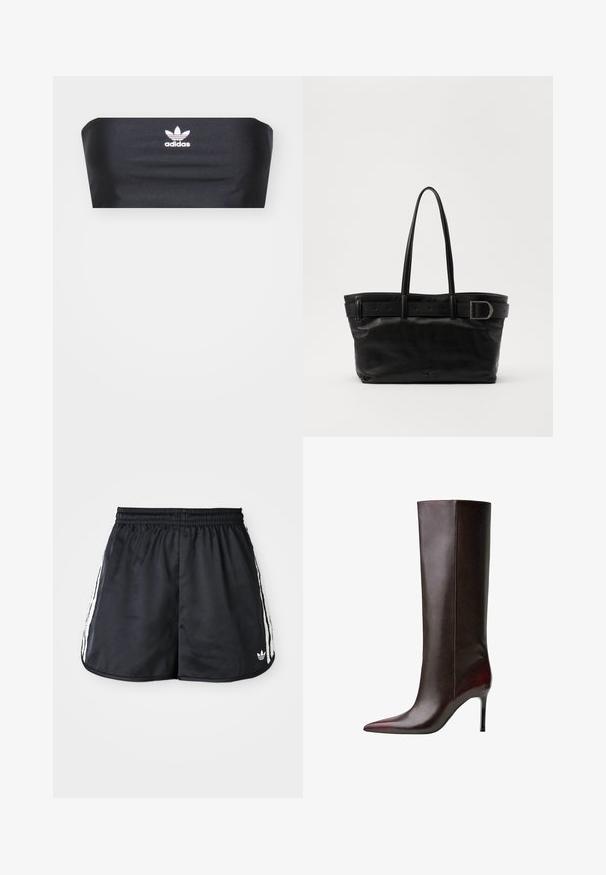 Černý bandeau top vyrobený z hladké tkaniny, s bílým logem Adidas uprostřed vepředu, bez dalších vzorů nebo ozdob.; Černé sportovní kraťasy s elastickým pasem, bílé třípruhé akcenty po stranách a malé logo na dolním lemu.; Hnědá kožená vysoká bota po kolena s špičatou špičkou, hladkým povrchem a středně vysokým podpatkem. Švy podél strany.; Černá kožená taška přes rameno s dvěma dlouhými uchy, hladkým povrchem a širokým popruhem s přezkou na vrchu.