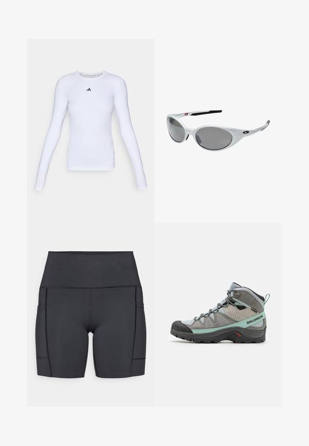 Pikkade varrukatega valge sportlik särk, mis on valmistatud venivast kangast, ümmarguse kaelusega ja väikese musta logoga rinnapiiril.; Mustad kõrge vöökohaga lühikesed püksid elastse kangaga, küljetaskudega, lameõmblustega ja sileda tekstuuriga mugavuse tagamiseks tegevuste ajal.; Hallid hall matka saabastega, millel on tekstureeritud nahk ja võrkmaterjal, must kummist varbakuppel ja münti rohelised aktsendid. Omab pehmendatud tallat ja nööpide süsteemi.; Valged plastikust prillid suurte ovaalsete objektiividega, halli toonistusega. Omavad musti kõrvaankreid ja väikest logot raamil. Sujuv viimistlus.