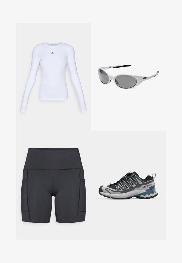 Dlouhý rukáv bílého sportovního trička vyrobeného z elastické tkaniny, s kulatým výstřihem a malým černým logem na oblasti hrudi.; Černé vysoké šortky z elastické tkaniny, s bočními kapsami, plochými švy a hladkým povrchem pro pohodlí při aktivitách.; Černé a šedé běžecké boty na traile s prodyšným svrchním materiálem, elastickým zavazovacím systémem, strukturální podrážkou a světle modrými akcenty na mezipodrážce.; Bílé plastové sluneční brýle s velkými oválnými skly, šedě tónovanými. Mají černé držáky na uši a malé logo na rámu. Hladký povrch.