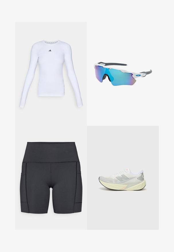 Długi rękaw biały sportowy T-shirt wykonany z elastycznego materiału, z okrągłym dekoltem i małym czarnym logo na przodzie.; Czarne szorty z wysokim stanem wykonane z elastycznego materiału, z kieszeniami bocznymi, płaskimi szwami i gładką powierzchnią dla komfortu podczas aktywności.; Lekki but do biegania z siateczkowym wierzchem w kolorze szarym i białym, wyraźnym logo 'N' oraz żółtą podeszwą środkową z kątowym akcentem. Czarna podeszwa zewnętrzna.; Okulary przeciwsłoneczne z białą oprawą, szarymi akcentami i niebieskimi lustrzanymi soczewkami. Sportowy design, kształt otaczający, z regulowanymi noskami.