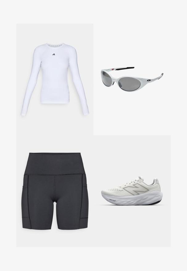 Long-sleeve white athletic shirt made of stretchy fabric, featuring a round neck and a small black logo on the chest area.; Black high-waisted shorts made of stretchy fabric, featuring side pockets, flat seams, and a smooth texture for comfort during activities.; White athletic shoes with a mesh upper, featuring a padded collar, textured sole, and the "Fresh Foam" branding on the midsole.; White plastic sunglasses with large oval lenses, gray tinted. Features black ear grips and a small logo on the frame. Smooth finish.