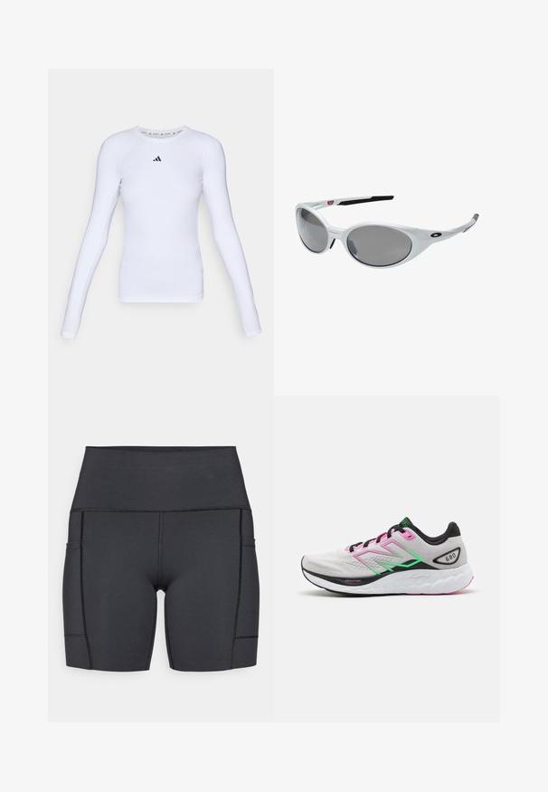 T-shirt de sport blanc à manches longues en tissu extensible, avec un col rond et un petit logo noir sur la zone de la poitrine.; Shorts noirs taille haute en tissu extensible, dotés de poches latérales, de coutures planes et d'une texture lisse pour un confort optimal lors des activités.; Chaussure de course légère avec une tige grise, des accents roses et verts, et une épaisse semelle blanche présentant des motifs texturés, étiquetée "Fresh Foam".; Lunettes de soleil en plastique blanc avec de grandes lentilles ovales, teintées en gris. Caractéristiques de plaquettes noires et d'un petit logo sur la monture. Fini lisse.