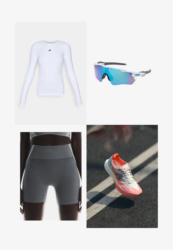 Langarmige witte sport T-shirt van rekbare stof, met een ronde hals en een klein zwart logo op de borst.; Grijze geribbelde sportshorts hebben een hoge tailleband, een gladde textuur en een aansluitende pasvorm, aangevuld met een klein merklabel aan de zijkant.; Hardloopschoenen met een witte en roze bovenkant, voorzien van een mesh-textuur, reflecterende accenten en een gewatteerde zool. Lichtgewicht ontwerp voor optimale prestaties.; Zonnebril met een wit frame, grijze accenten en blauwe spiegelglazen. Sportief ontwerp, omhulde vorm en verstelbare neuspads.