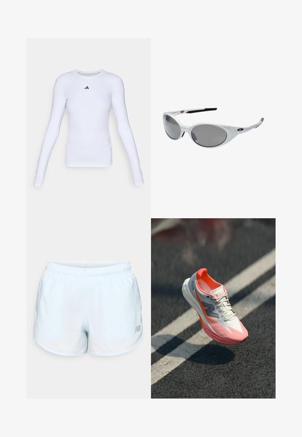 Ilgomis rankovėmis balta sportinė marškinė, pagaminta iš tamprios medžiagos, su apvaliu kaklu ir mažuoju juodu logotipu krūtinės srityje.; Šviesiai mėlyni sportiniai šortai su elastinga juostele, suapvalintu hemu, sidabriniu logotipo detalės akcentu apatinėje dešinėje pusėje, pagaminti iš lengvos medžiagos.; Bėgimo bateliai su balta ir rožine viršutine dalimi, turintys tinklinę tekstūrą, atspindinčius akcentus ir paminkštintą padą. Lengvos konstrukcijos, siekiant geresnio našumo.; Baltos plastikinės saulės akiniai su dideliais ovaliais objektyvais, pilkai nudažyti. Turime juodas ausis laikančias dalis ir mažą logotipą ant rėmelio. Lygus paviršius.