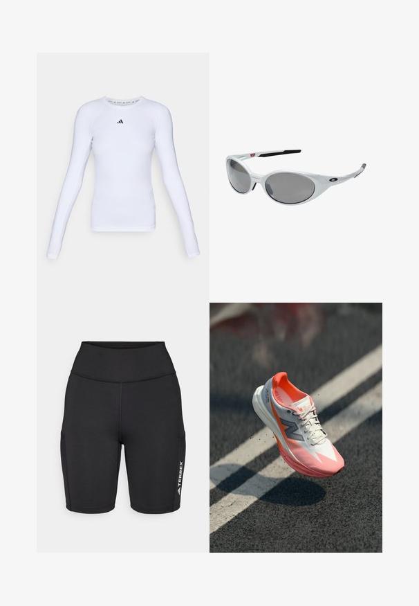 Pitkähihainen valkoinen urheilupaita, joka on valmistettu joustavasta kankaasta, ja siinä on pyöreä kaula-aukko sekä pieni musta logo rintakäytävällä.; Mustat urheilushortsit, jotka on valmistettu joustavasta kankaasta. Niissä on korkea vyötärö, sivutaskut ja valkoinen logokotelo yhdellä jalalla.; Juoksukengät valkoisella ja vaaleanpunaisella päällisellä, jossa on verkkomateriaali, heijastavat yksityiskohdat ja pehmustettu pohja. Kevyt muotoilu suorituskykyä varten.; Valkoiset muoviset aurinkolasit suurilla soikeilla linsseillä, harmaasävyiset. Varusteena mustat korvavarret ja pieni logo kehyksessä. Sileä pinta.