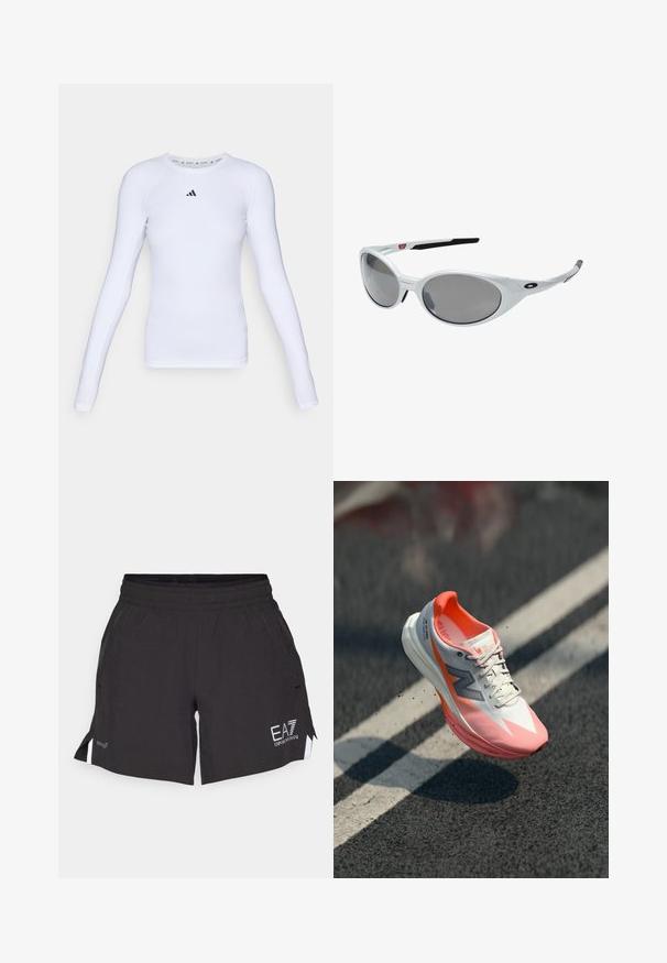 Dlouhý rukáv bílého sportovního trička vyrobeného z elastické tkaniny, s kulatým výstřihem a malým černým logem na oblasti hrudi.; Černé sportovní šortky s elastickým pasem, bočními kapsami a bílými logovými akcenty. Obsahují rozdělený lem pro lepší pohyblivost.; Běžecká bota s bílým a růžovým svrškem, s mřížkovou texturou, reflexními detaily a polstrovanou podrážkou. Lehké provedení pro výkon.; Bílé plastové sluneční brýle s velkými oválnými skly, šedě tónovanými. Mají černé držáky na uši a malé logo na rámu. Hladký povrch.
