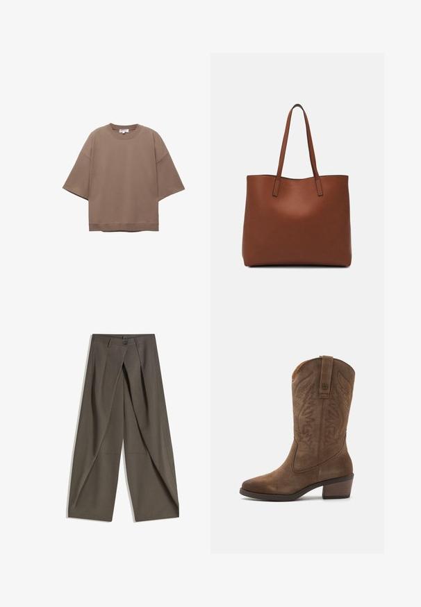 Hnědé oversized tričko, krátké rukávy, kulatý výstřih, vyrobeno z měkké bavlny, má jednoduchý design a minimální švy.; Kalhoty s širokými nohavicemi vyrobené z texturované tkaniny tmavě šedé barvy. Obsahují přední záhyb, zapínání na knoflík a boční kapsy pro praktičnost.; mtng TEO - Kovbojské/motorkářské kozačky - siena; Hnědá kožená taška přes rameno s hladkou texturou, otevřeným designem a dvěma ramenními popruhy. Obsahuje minimální švy a žádné viditelné kovové prvky.