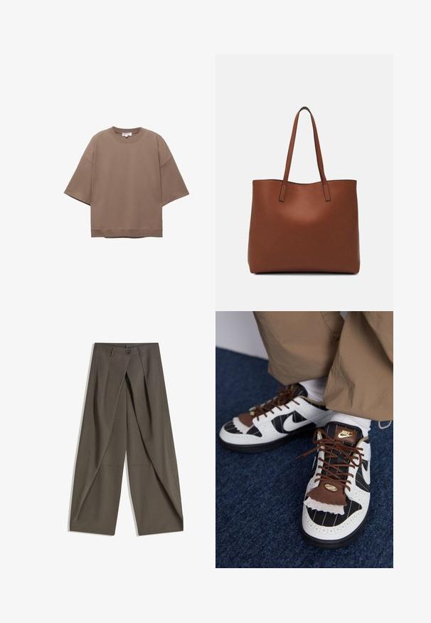 T-shirt marrone oversize, maniche corte, scollatura rotonda, realizzata in morbido cotone, presenta un design semplice e cuciture minime.; Pantaloni a gamba larga realizzati in un tessuto testurizzato grigio scuro. Presentano una piega frontale, chiusura con bottone e tasche laterali per praticità.; Sneakers Nike con materiali bianchi, neri e marroni. Presentano un risvolto marrone testurizzato, un design a righe e una tradizionale chiusura con lacci accentuati da dettagli dorati.; Borsa tote in pelle marrone con texture liscia, design con apertura superiore e due spallacci. Presenta cuciture minime e nessun hardware visibile.