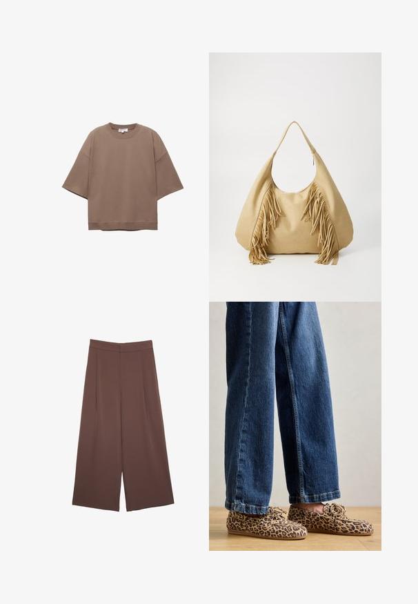 Smeđi oversized T-shirt, kratki rukavi, okrugli izrez, napravljen od mekog pamučnog materijala, sadrži jednostavan dizajn i minimalne šavove.; Smeđe hlače širokog kroja s glatkom teksturom, koje imaju visok struk i nabore sprijeda. Tkanina je lagana i slobodno se kreće.; Loaferi s uzorkom leopardove kože, izrađeni od antilopa, s okruglim vrhom, vezanjem i ravnim, fleksibilnim đonovima, kombinirani s plavim trapericama.; Torbica od svijetlosmeđeg sueda s velikim otvorom i dugim resicama s obje strane, s glatkom teksturom i jednom ručkom.