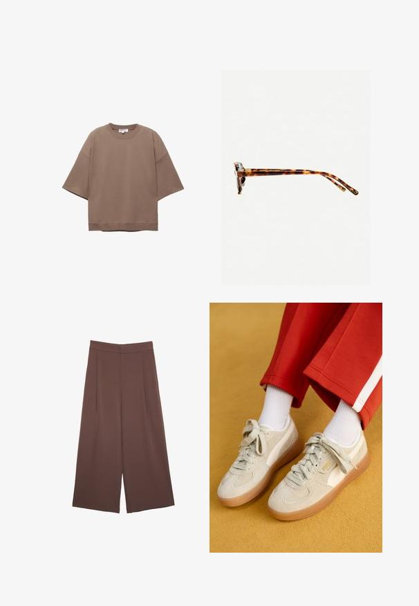 Brun oversized T-shirt, korta ärmar, rund halsringning, tillverkad av mjukt bomullsmaterial, har en enkel design och minimala sömmar.; Bruna vida byxor med en slät textur, som har hög midja och framfickor. Tyget är lätt och flödar löst.; Puma PALERMO MODA XTRA - Sneakers - desert dust/frosted ivory/gold; Sköldpaddsmönstrade solglasögon med en tjock ram, lätt böjda skalmar och en jämn yta. Har en klassisk design med en glansig finish.