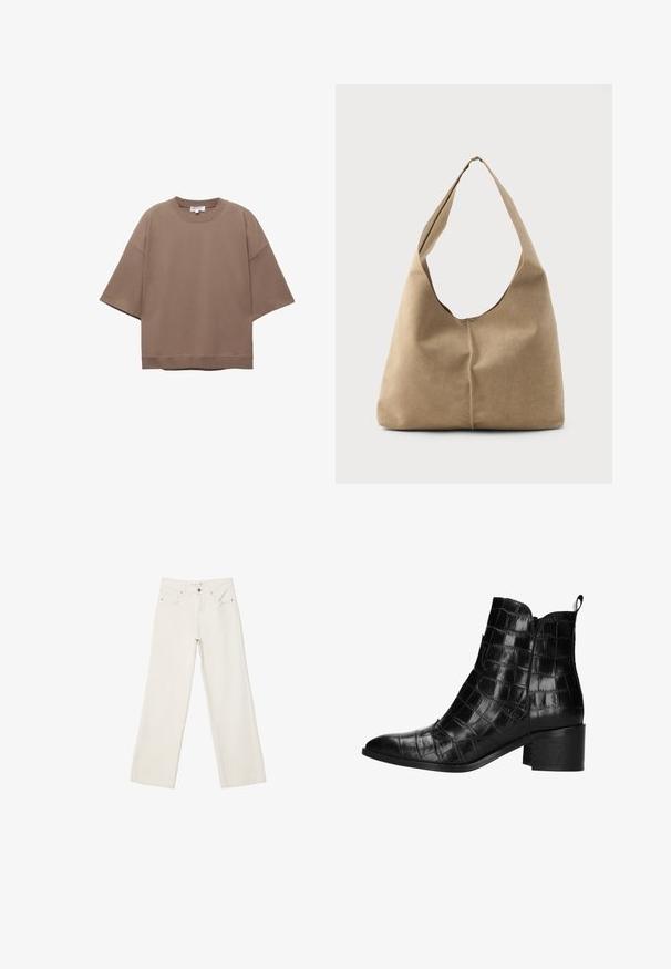 Braun oversized T-Shirt, kurze Ärmel, runder Ausschnitt, aus weichem Baumwollmaterial, mit schlichtem Design und minimalen Nähten.; Weiße lässige Jeans aus Denim mit hochgeschnittenem Bund, Fronttaschen und Knopfverschluss. Schlichtes Design mit minimalen Akzenten.; Schwarze Ankle Boots mit Krokodilprägung, spitz zulaufender Zehenpartie, Reißverschluss und einem klobigen Absatz. Glatte, glänzende Oberfläche.; Hobo-Tasche aus weichem beigen Wildleder mit einer lässigen Form, breitem Schulterriemen und einer handgestickten Nahtdetail entlang der Vorderseite.