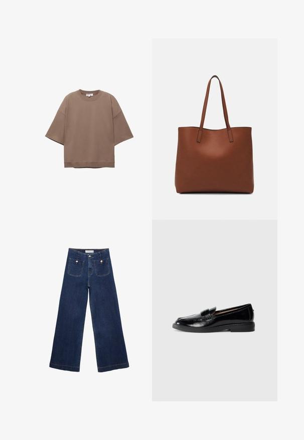 Ruskea ylisuurikokoinen t-paita, lyhyet hihat, pyöreä pääntie, valmistettu pehmeästä puuvillakankaasta, yksinkertainen muotoilu ja minimimäärä saumoja.; Tummansiniset leveälahkeiset farkut, joissa on kaksi etutaskua koristeellisin nappikuvioin ja suora lahje.; Musta kiiltävä nahkainen loafer, jossa on pyöristetty kärki, matala kantapää, koristeellinen hihna ja sileä pohja vaaleanharmaalla taustalla.; Ruskea nahkainen olkalaukku, jossa on sileä pinta, avoin yläosa ja kaksi olkahihnaa. Omaavat vain minimaalisen ompelun eikä näkyvää metalliosaa.