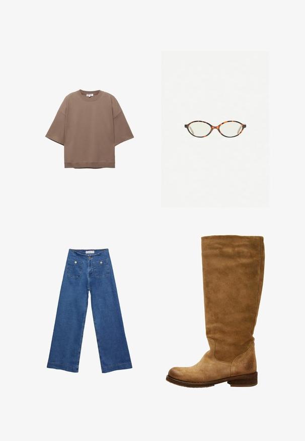 T-shirt marrone oversize, maniche corte, scollatura rotonda, realizzata in morbido cotone, presenta un design semplice e cuciture minime.; Jeans in denim a gamba larga con un lavaggio blu medio, due tasche frontali con chiusura a bottone e dettagli cuciti lungo gli orli.; Stivale in suede marrone alto fino al ginocchio con punta arrotondata e tacco basso a blocco. Finitura liscia, cuciture minime e dettaglio del logo vicino al tacco.; Occhiali in tartaruga con lenti ovali e una finitura liscia e elegante. Presentano aste sottili con una leggera curva alle tempie. Lenti trasparenti.