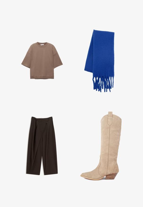 Tricou brown supradimensionat, cu mâneci scurte, decolteu rotund, realizat din material de bumbac moale, cu un design simplu și ș seamă minimă.; Pantaloni largi de culoare maron închis, cu talie înaltă, având închiere cu un singur nasture și un față pliată. Confectionați dintr-un material ușor.; Botină de cowboy din suede bej, cu vârf ascuțit, cusături decorative și toc de lemn stratificat. Înălțimea ajunge la jumătatea gambei.; Fular din lână albastră, cu o textură moale, având capete franjurate. Designul este clasic și rectangular, punând în evidență culoarea sa vibrantă.