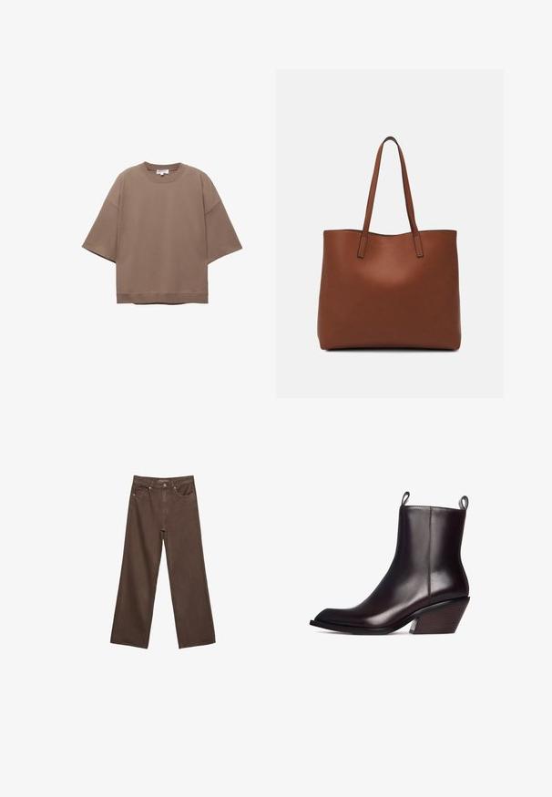 Ruskea ylisuurikokoinen t-paita, lyhyet hihat, pyöreä pääntie, valmistettu pehmeästä puuvillakankaasta, yksinkertainen muotoilu ja minimimäärä saumoja.; Leviittävät ruskeat farkut, jotka on valmistettu denimistä, korkea vyötärö, etutaskut ja klassinen nappikiinnitys. Silkkinen pinta hienovaraisella ompelutyöllä.; Tummanruskea nahkainen nilkkabootsi, jossa on terävä kärki, teksturoitu puinen korko ja vetoketjulliset läpät kummallakin puolella helppoa pukemista varten.; Ruskea nahkainen olkalaukku, jossa on sileä pinta, avoin yläosa ja kaksi olkahihnaa. Omaavat vain minimaalisen ompelun eikä näkyvää metalliosaa.