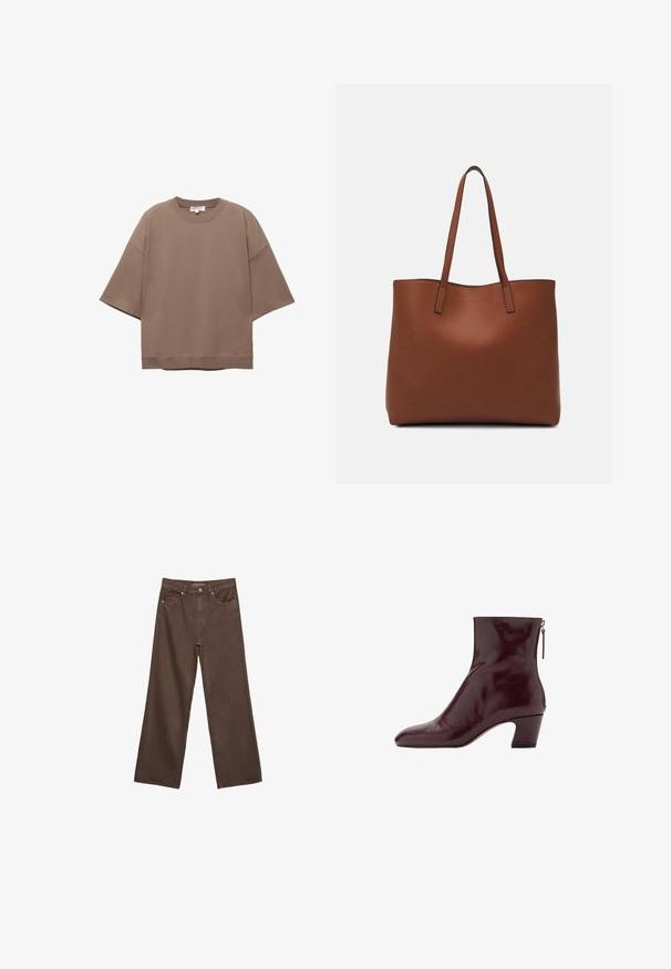 Brun oversized T-shirt, korta ärmar, rund halsringning, tillverkad av mjukt bomullsmaterial, har en enkel design och minimala sömmar.; Breda bruna jeans i denim med hög midja, framfickor och klassisk knäppning. Slät textur med subtil sömnad.; Burgundyröda läderankelboots med spetsig tå, medelhög blockklack och bakre dragkedjestängning; slät, blank yta.; Brun läder tote-väska med en slät textur, öppen toppdesign och två axelremmar. Har minimal söm och ingen synlig metalldetalj.