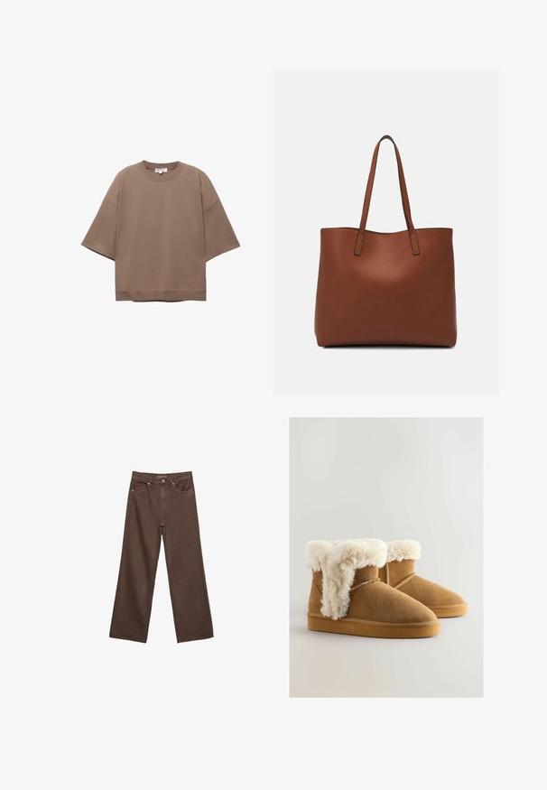 Smeđi oversized T-shirt, kratki rukavi, okrugli izrez, napravljen od mekog pamučnog materijala, sadrži jednostavan dizajn i minimalne šavove.; Proširene smeđe traperice od denima, s visokim strukom, prednjim džepovima i klasičnom kopčom na dugme. Glatka tekstura s suptilnim šavovima.; Smeđe antilop čizme do gležnja s pahuljastim bijelim umetkom od umjetnog krzna, okrugli vrh i ravni gumeni potplat. Šavovi detaljno uzduž bočnih strana.; Smeđa kožna torba preko ramena s glatkom teksturom, otvorenim vrhom i dvjema naramenicama. Ima minimalne šavove i nema vidljivog hardvera.
