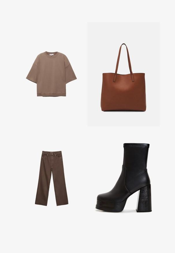 Hnědé oversized tričko, krátké rukávy, kulatý výstřih, vyrobeno z měkké bavlny, má jednoduchý design a minimální švy.; Hnědé džíny s širokými nohavicemi vyrobené z denimu, s vysokým pasem, předními kapsami a klasickým zapínáním na knoflík. Hladká textura s jemným švem.; Černé kotníkové boty vyrobené z hladké kůže. Mají vysoký blokový podpatek s texturou připomínající dřevo a pevnou platformu. Švy na svršku.; Hnědá kožená taška přes rameno s hladkou texturou, otevřeným designem a dvěma ramenními popruhy. Obsahuje minimální švy a žádné viditelné kovové prvky.