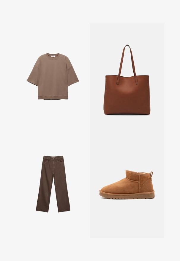 Braun oversized T-Shirt, kurze Ärmel, runder Ausschnitt, aus weichem Baumwollmaterial, mit schlichtem Design und minimalen Nähten.; Weite braune Jeans aus Denim, mit hoher Taille, Fronttaschen und klassischem Knopfverschluss. Glatte Textur mit feinen Nähten.; Call it Spring JAMIELEE - Snowboot/Winterstiefel - camel; Braune Leder-Tote mit glatter Textur, offenem Oberteil und zwei Schulterriemen. Verfügt über minimale Nähte und keine sichtbaren Beschläge.