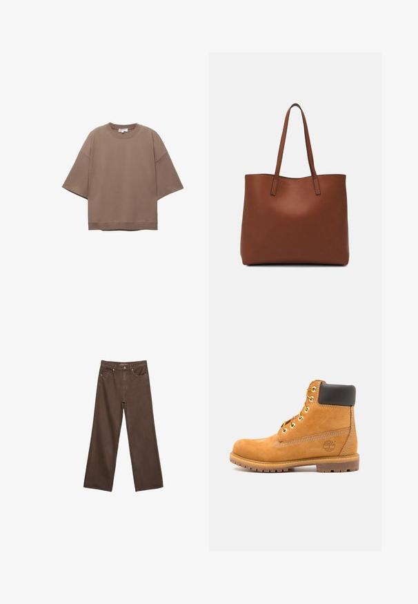 T-shirt marrone oversize, maniche corte, scollatura rotonda, realizzata in morbido cotone, presenta un design semplice e cuciture minime.; Jeans a gamba larga marroni in denim, con vita alta, tasche anteriori e chiusura a bottone classica. Tessuto liscio con cuciture sottili.; Stivale alla caviglia in pelle marrone con imbottitura nera, occhielli dorati e suola texturizzata. Presenta un logo circolare su un lato e dettagli di cucitura.; Borsa tote in pelle marrone con texture liscia, design con apertura superiore e due spallacci. Presenta cuciture minime e nessun hardware visibile.