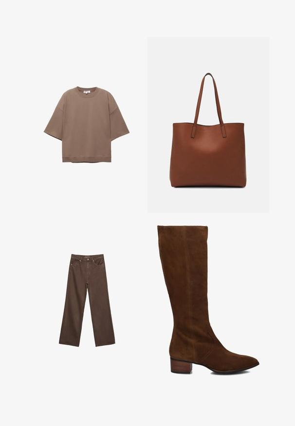 Braun oversized T-Shirt, kurze Ärmel, runder Ausschnitt, aus weichem Baumwollmaterial, mit schlichtem Design und minimalen Nähten.; Weite braune Jeans aus Denim, mit hoher Taille, Fronttaschen und klassischem Knopfverschluss. Glatte Textur mit feinen Nähten.; Notre-V Stiefel - cognac; Braune Leder-Tote mit glatter Textur, offenem Oberteil und zwei Schulterriemen. Verfügt über minimale Nähte und keine sichtbaren Beschläge.