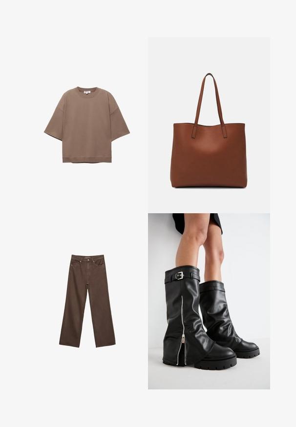 Rjava oversize majica, kratki rokavi, okrogla izrezana obleka, izdelana iz mehkega bombažnega materiala, ima preprost dizajn in minimalne šive.; Široke rjave kavbojke iz denima, ki imajo visok pas, sprednje žepe in klasično zapiranje na gumb. Gladka tekstura s subtilnim šivom.; Črne usnjene škornje do kolen s širokim zgornjim delom, ki imajo stransko zadrgo in dekorativno sponko, teksturirano površino ter masiven gumijast podplat.; Rjava usnjena torba z gladko teksturo, odprto zasnovo zgoraj in dvema naramnima trakovoma. Opremljena je z minimalnim šivanjem in brez vidnih kovinskih delov.