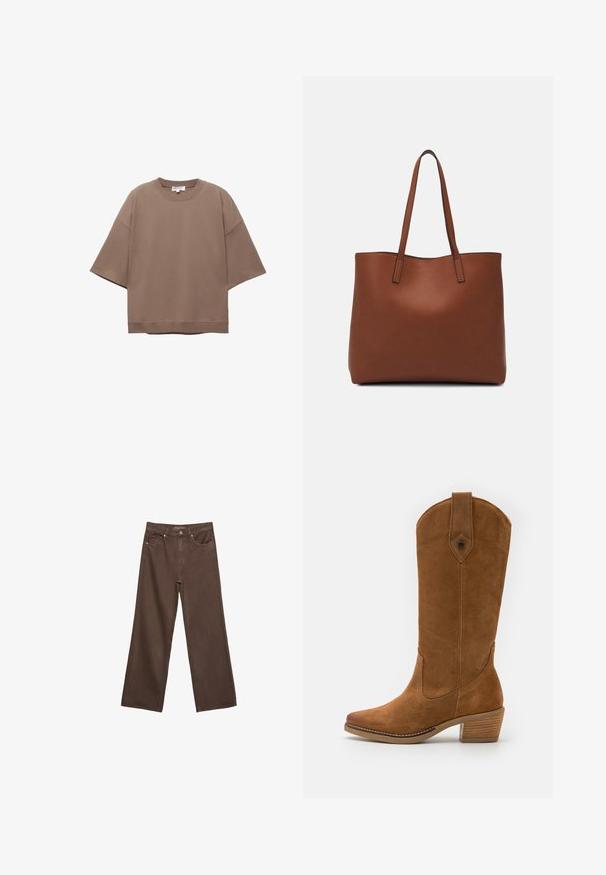 Brun oversized T-shirt, korta ärmar, rund halsringning, tillverkad av mjukt bomullsmaterial, har en enkel design och minimala sömmar.; Breda bruna jeans i denim med hög midja, framfickor och klassisk knäppning. Slät textur med subtil sömnad.; Mörkbrun mocka knähög stövel med något spetsig tå, staplad klack, dekorativt stygn och triangulär accent nära toppen.; Brun läder tote-väska med en slät textur, öppen toppdesign och två axelremmar. Har minimal söm och ingen synlig metalldetalj.