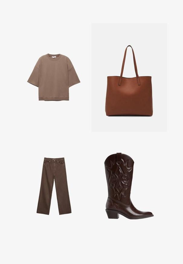 Brun oversized T-shirt, korta ärmar, rund halsringning, tillverkad av mjukt bomullsmaterial, har en enkel design och minimala sömmar.; Breda bruna jeans i denim med hög midja, framfickor och klassisk knäppning. Slät textur med subtil sömnad.; Mörkbrun lädercowboyboot med dekorativ sömnad, spetsig tå, medelhög staplad klack och dragflik på toppen.; Brun läder tote-väska med en slät textur, öppen toppdesign och två axelremmar. Har minimal söm och ingen synlig metalldetalj.