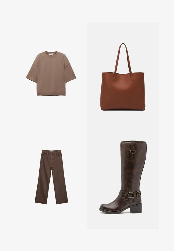 T-shirt marrone oversize, maniche corte, scollatura rotonda, realizzata in morbido cotone, presenta un design semplice e cuciture minime.; Jeans a gamba larga marroni in denim, con vita alta, tasche anteriori e chiusura a bottone classica. Tessuto liscio con cuciture sottili.; Stivali al ginocchio in pelle marrone con punta rotonda, cinturino decorativo, accessori circolari e tacco basso a blocco. Texture liscia in tutto.; Borsa tote in pelle marrone con texture liscia, design con apertura superiore e due spallacci. Presenta cuciture minime e nessun hardware visibile.