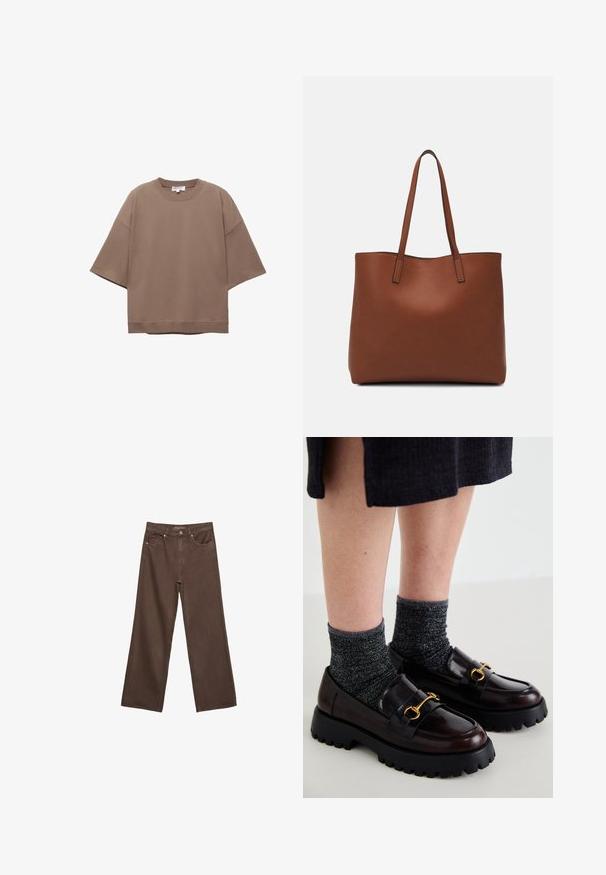 Hnedé oversized tričko, krátke rukávy, okrúhly výstrih, vyrobené z mäkkého bavlneného materiálu, s jednoduchým dizajnom a minimálnymi švami.; Džínsy s širokými nohavicami v hnedej farbe, vyrobené z denimu, so zvýšeným pásom, prednými vreckami a klasickým zapínaním na gombík. Hladká textúra s jemným prešívaním.; Call it Spring CLUELESSS - Našuchovačky - dark brown; Hnedá kožená taška na rameno s hladkou textúrou, otvoreným vrchom a dvoma ramenými popruhmi. Má minimálne šitia a žiadne viditeľné kovania.