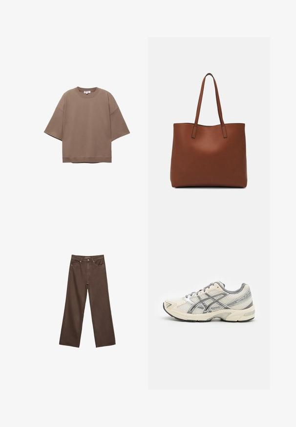 Hnedé oversized tričko, krátke rukávy, okrúhly výstrih, vyrobené z mäkkého bavlneného materiálu, s jednoduchým dizajnom a minimálnymi švami.; Džínsy s širokými nohavicami v hnedej farbe, vyrobené z denimu, so zvýšeným pásom, prednými vreckami a klasickým zapínaním na gombík. Hladká textúra s jemným prešívaním.; Bežecké topánky s priedušným bielym sieťovaným zvrškom, striebornými akcentami, šedými šnúrkami a odolnou čiernou gumovou podrážkou. Ľahký, polstrovaný dizajn.; Hnedá kožená taška na rameno s hladkou textúrou, otvoreným vrchom a dvoma ramenými popruhmi. Má minimálne šitia a žiadne viditeľné kovania.