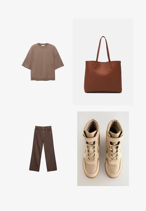 Brun oversized T-shirt, korte ærmer, rund halsudskæring, lavet af blødt bomuldsstof, har et enkelt design og minimale syninger.; Bredde ben brun denim jeans med høj talje, forlommer og klassisk knaplukning. Glat tekstur med diskret syninger.; Beige høje sneakers med en struktureret overdel i ruskind og læder, der har snørebåndslukning, en velcrolukning og en gummisål.; Brun læder tote taske med en glat overflade, åben topdesign og to skulderremme. Har minimal syning og ingen synlig hardware.