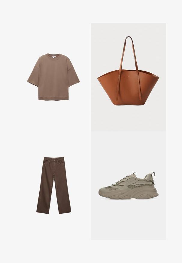 Braun oversized T-Shirt, kurze Ärmel, runder Ausschnitt, aus weichem Baumwollmaterial, mit schlichtem Design und minimalen Nähten.; Weite braune Jeans aus Denim, mit hoher Taille, Fronttaschen und klassischem Knopfverschluss. Glatte Textur mit feinen Nähten.; Beige Chunky-Sneaker mit Mesh-Details, dicker Sohle, Schnürsenkeln, Schlaufe an der Ferse und "STEVE MADDEN"-Logo an der Seitenplatte.; Braune Leder-Tote mit einer breiten, strukturierten Form, dünnen Griffen und einer strukturierten Oberfläche. Bietet ein minimalistisches Design ohne sichtbare Beschläge.